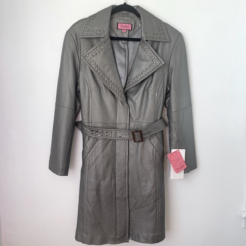 Elegant Gray Leather Jacket with Studded Details